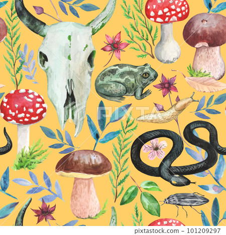 Watercolor forest magic pattern with amanita mushrooms, skull and wild animals, toads and snakes. Watercolor forest magic pattern with amanita mushrooms, skull and wild animals, toads and snakes. 101209297