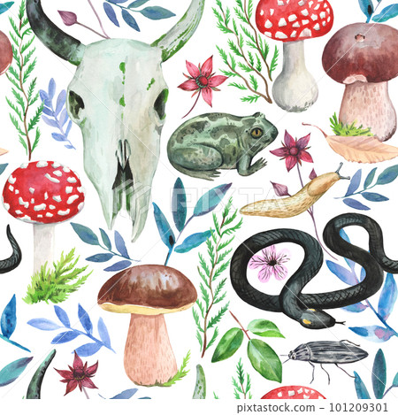 Watercolor forest magic pattern with amanita mushrooms, skull and wild animals, toads and snakes. Watercolor forest magic pattern with amanita mushrooms, skull and wild animals, toads and snakes. 101209301