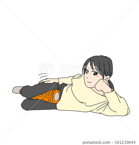 A woman relaxing her inner thighs with a foam roller A woman relaxing her inner thighs with a foam roller 101210045