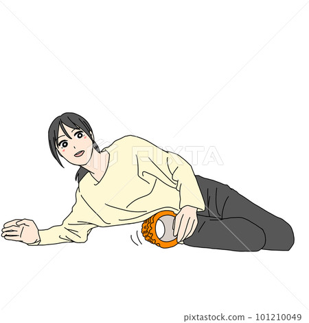 一個女人用泡沫軸放鬆她的右側 101210049