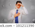 Asian man wear masks to protect PM 2.5 dust and air pollution and headache and sickness, air pollution concept, healthcare concept. 101211390