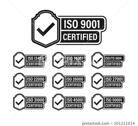 ISO certified set stamp and labels. Quality management system certified 101211814