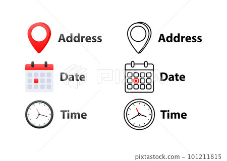 Address, date, time icons. Event elements. Location place, date reminder 101211815