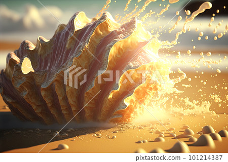 Surreal shell on the beach. Abstract clam with filigree shape on the sand. Generated AI. Surreal shell on the beach. Abstract clam with filigree shape on the sand. Generated AI. 101214387