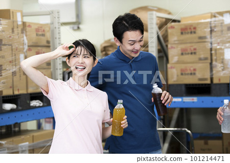 Workers working in the warehouse Break Conversation Hydration Summer Workers working in the warehouse Break Conversation Hydration Summer 101214471