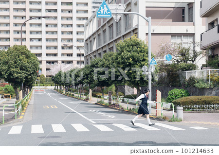 High school girl crossing the pedestrian crossing 101214633