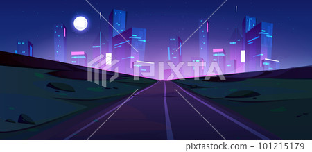 Night highroad to futuristic city vector landscape 101215179