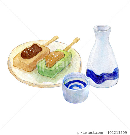 清酒和 namafu dengaku 晚間飲料設置水彩插圖 清酒和 namafu dengaku 晚間飲料設置水彩插圖 101215209