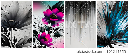 Abstract art posters with flowers and rain, drawn in a free brush technique, black ink painting with magenta and blue colors for interior design, decor, packaging, invitation, print. AI generated. Abstract art posters with flowers and rain, drawn in a free brush technique, black ink painting with magenta and blue colors for interior design, decor, packaging, invitation, print. AI generated. 101215253
