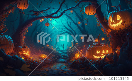 Halloween Background. Laughing pumpkins with glowing eyes in magical dark night forest. Generative AI Halloween Background. Laughing pumpkins with glowing eyes in magical dark night forest. Generative AI 101215545