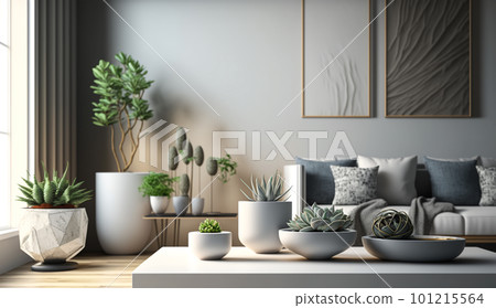 Stylish apartment with plants in Scandinavian style. Light luxury living room. Generative AI. 101215564