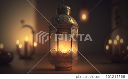 Traditional Arab holiday of Ramadan Kareem. Muslim holy month. Golden Arab lantern with burning candle and star on dark night background. Generative AI Traditional Arab holiday of Ramadan Kareem. Muslim holy month. Golden Arab lantern with burning candle and star on dark night background. Generative AI 101215566