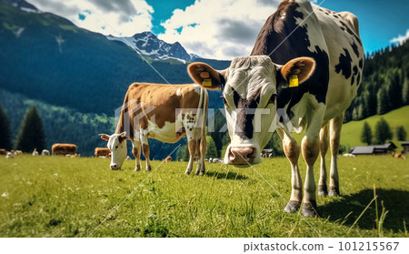 Cows grazing in meadow. Fantastic view of cows in green meadow and mountains. Generative AI 101215567