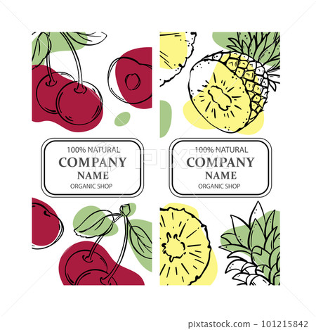 CHERRY AND PINEAPPLE Label Templates Design Of Stickers For Shop Of Tropical Organic Natural Fresh Juicy Fruits And Dessert Drinks In Vintage Vector Collection 101215842