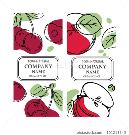 CHERRY AND RED APPLE Label Templates Design Of Stickers For Shop Of Tropical Organic Natural Fresh Juicy Fruits And Dessert Drinks In Vintage Vector Collection 101215843