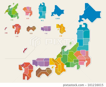 Map of Japan Color-coded prefectures Illustration Map of Japan Color-coded prefectures Illustration 101216015