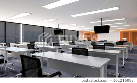 Interior of large modern office training room with large curved monitor screen for presentation and  ceiling TV monitors, 3D rendering 101216092