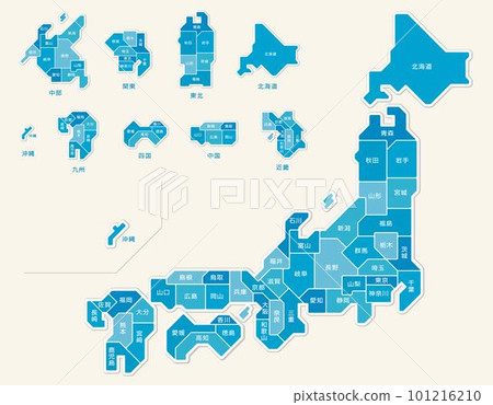 日本地圖顏色編碼的藍色都道府縣名稱插圖 日本地圖顏色編碼的藍色都道府縣名稱插圖 101216210