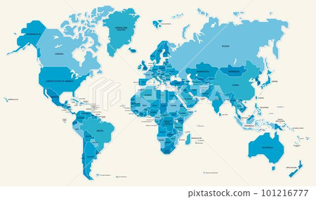世界地圖顏色編碼藍色國家名稱邊界插圖 世界地圖顏色編碼藍色國家名稱邊界插圖 101216777