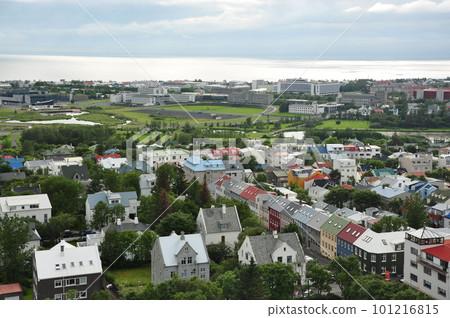 Aerial view of colorful buildings and lush greenery of Reykjavik, Iceland Aerial view of colorful buildings and lush greenery of Reykjavik, Iceland 101216815
