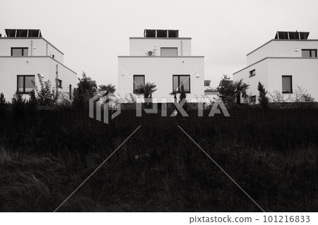 Beautiful grayscale of modern residential houses with palm trees in front in Germany Beautiful grayscale of modern residential houses with palm trees in front in Germany 101216833