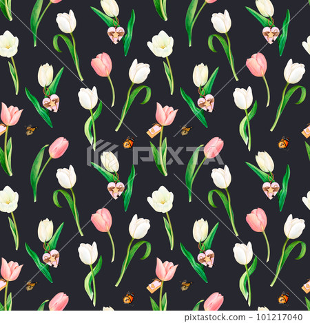 Watercolour drawing square pattern of beautiful white and pink tulips, name tags, wooden hearts, butterflies on black background. For textile printing, background. kitchen towels, linen, invitations Watercolour drawing square pattern of beautiful white and pink tulips, name tags, wooden hearts, butterflies on black background. For textile printing, background. kitchen towels, linen, invitations 101217040