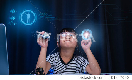 Child learning repairing getting lesson control toy drone in workshop, coding and solving engineering problem at home. Little Scientist School Project. STEM Education and Science technology concept. Child learning repairing getting lesson control toy drone in workshop, coding and solving engineering problem at home. Little Scientist School Project. STEM Education and Science technology concept. 101217090