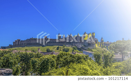 Medieval castle town of Carcassone, France and the stone bridge 101217114