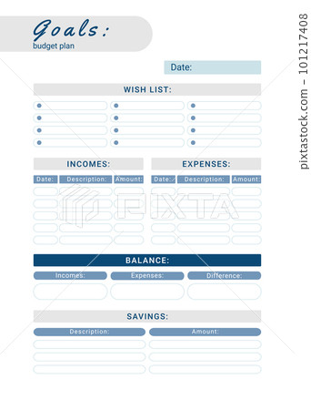 Goals of personal monthly budget planner, vector illustration 101217408
