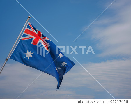 Beautiful Australia flag is waving front of historical street in Basel, Switzerland 101217456