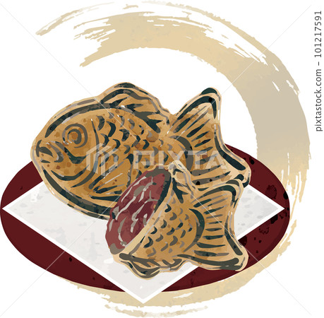 鯛魚燒水彩水墨畫手繪糖果日式糕點食品小吃插畫素材 101217591