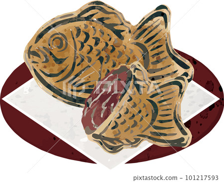 鯛魚燒水彩水墨畫手繪糖果日式糕點食品小吃插畫素材 101217593