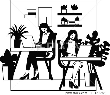 female entrepreneur sitting and working in a cafe illustration in doodle style female entrepreneur sitting and working in a cafe illustration in doodle style 101217830