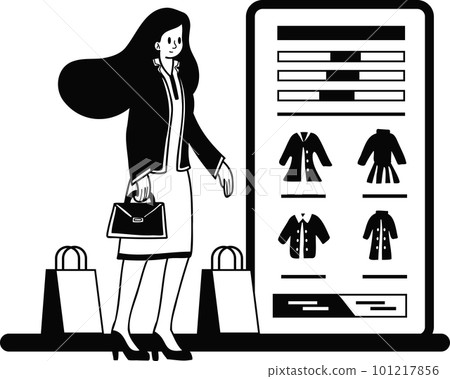 Female office worker shopping online from smartphone illustration in doodle style 101217856