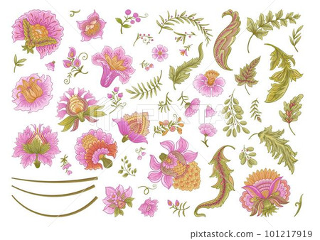 Fantasy flowers in retro, vintage, jacobean embroidery style. 101217919