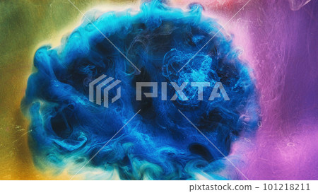 Paint drop. Ink water. Color explosion. Blue pink purple yellow fluid splash glitter dust texture vapor cloud abstract art background. Paint drop. Ink water. Color explosion. Blue pink purple yellow fluid splash glitter dust texture vapor cloud abstract art background. 101218211