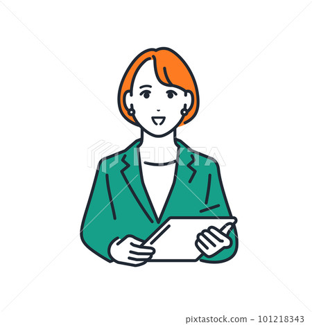 Simple vector illustration material of a young woman wearing a suit with a tablet terminal 101218343