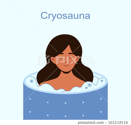 Peaceful woman in a cryosauna ice therapy vector illustration for benign and malignant lesions. 101218516