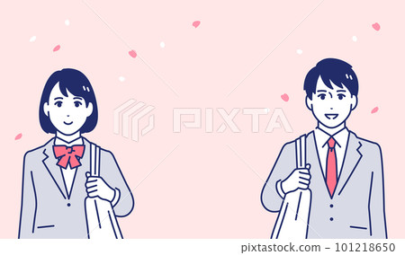 Simple vector illustration material of male and female students looking at the front under the cherry blossoms 101218650