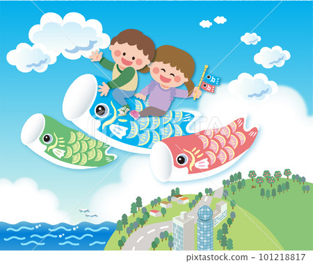 Boys and girls riding carp streamers 101218817