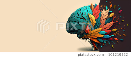 Symbol of memory loss due to dementia, alzheimer. Banner. Illustration of a human head with a brain made of falling autumn leaves. Brain degeneration concept. Decreased mind function. Generative ai. Symbol of memory loss due to dementia, alzheimer. Banner. Illustration of a human head with a brain made of falling autumn leaves. Brain degeneration concept. Decreased mind function. Generative ai. 101219322