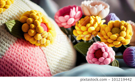 Crochet spring flowers. Gift for Mother's day, Easter, Woman's day, 8 March, birthday, anniversary, Valentines day, wedding, springtime card. Spring, summer knitting concept. Generative AI. 101219442