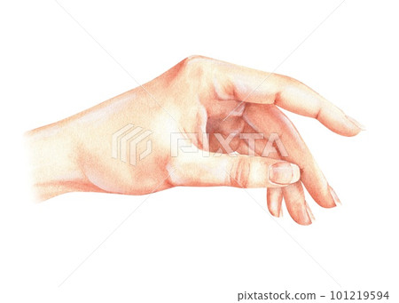 Watercolor illustration. The hand points to the right with the index finger. Isolated on a white background. The hand is holding something. For posters for nail salons, beauty industry 101219594