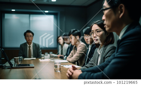 在日本辦公室工作的公司員工，在會議或會議期間（生成 AI） 101219665