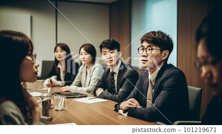 在日本辦公室工作的公司員工，在會議或會議期間（生成 AI） 101219671