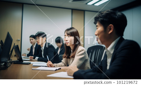 在日本辦公室工作的公司員工，在會議或會議期間（生成 AI） 101219672