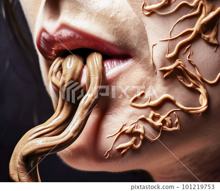 Surreal repulsive macro of worms crawling out of a woman's mouth, made with generative ai 101219753
