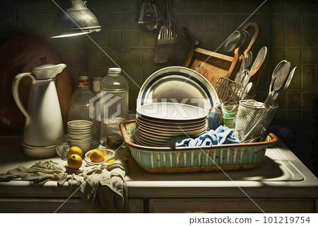 Dirty dishes, rotten lemons and a greasy rag on a worn sink in an old kitchen, made with generative ai 101219754