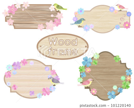 Wood frame set of spring flowers and small birds Wood frame set of spring flowers and small birds 101220140