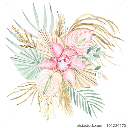 Orchid flower, dried flowers. Hand drawn watercolor boho bouquet Orchid flower, dried flowers. Hand drawn watercolor boho bouquet 101220270